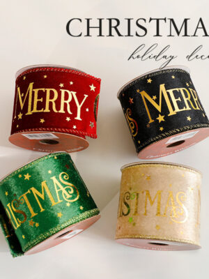 Ruy băng Merry Christmas 6.3cm x 2m7 <br> Mẫu: Đỏ - Vàng - Đen - Xanh lá
